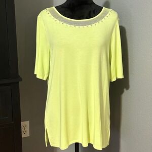 Ruby Rd Tunic Top L Neon Yellow Green Mesh Embellished Short Sleeve Coastal Chic